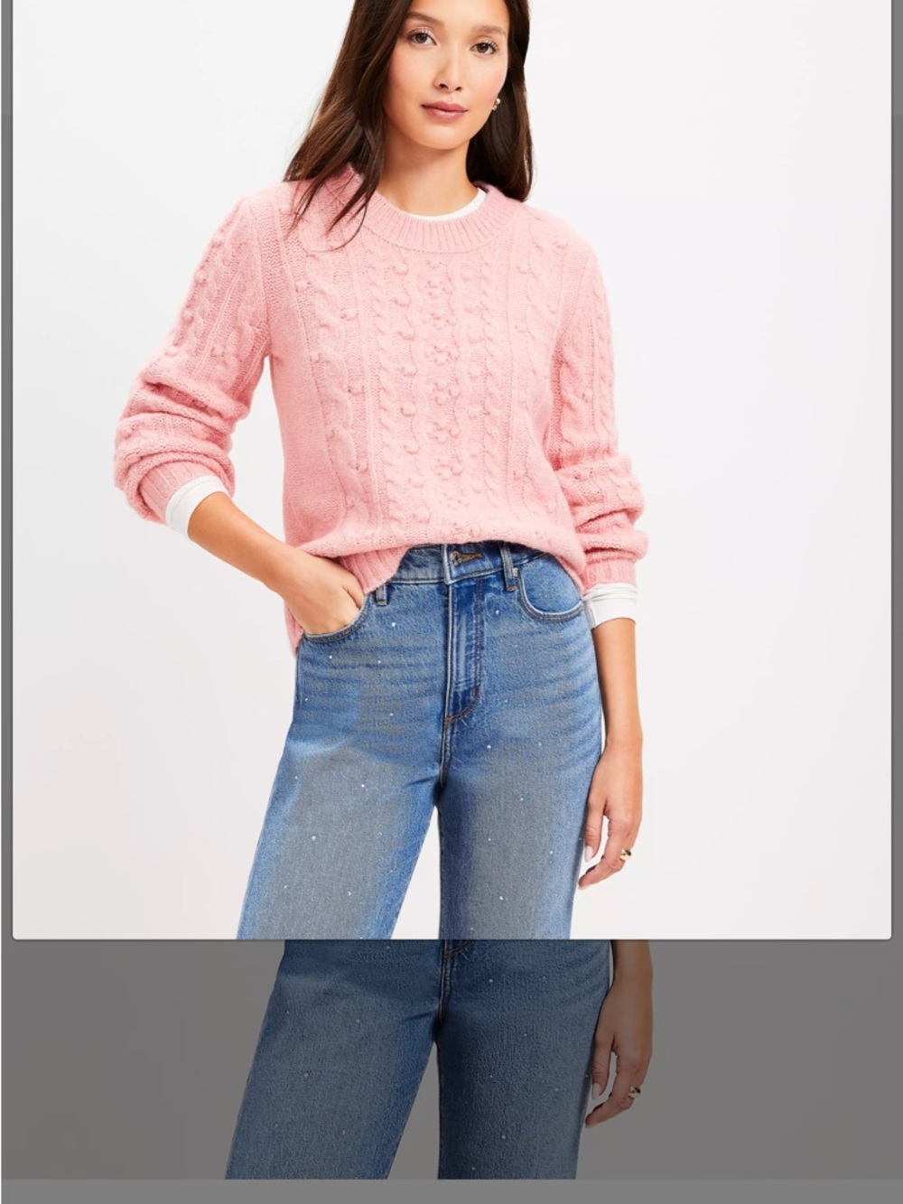 LOFT Soft Pink Cable-Knit Crewneck Sweater